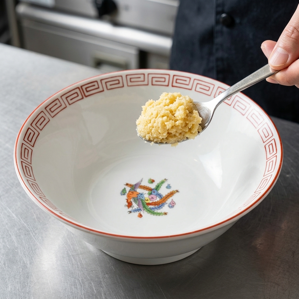 A spoonful of pale yellow minced ginger or garlic paste being placed into an empty ramen bowl.