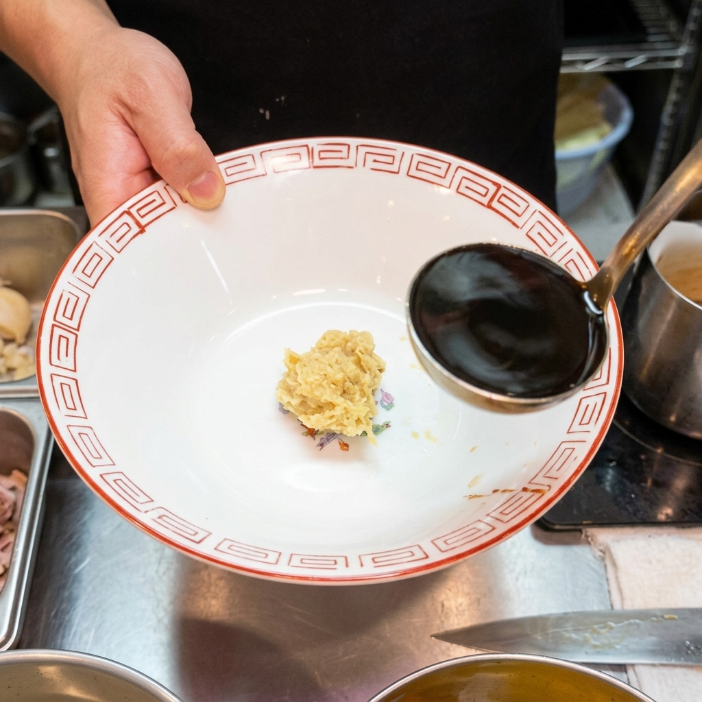 A ladle pouring dark, rich soy sauce seasoning into a ramen bowl containing the flavor paste.