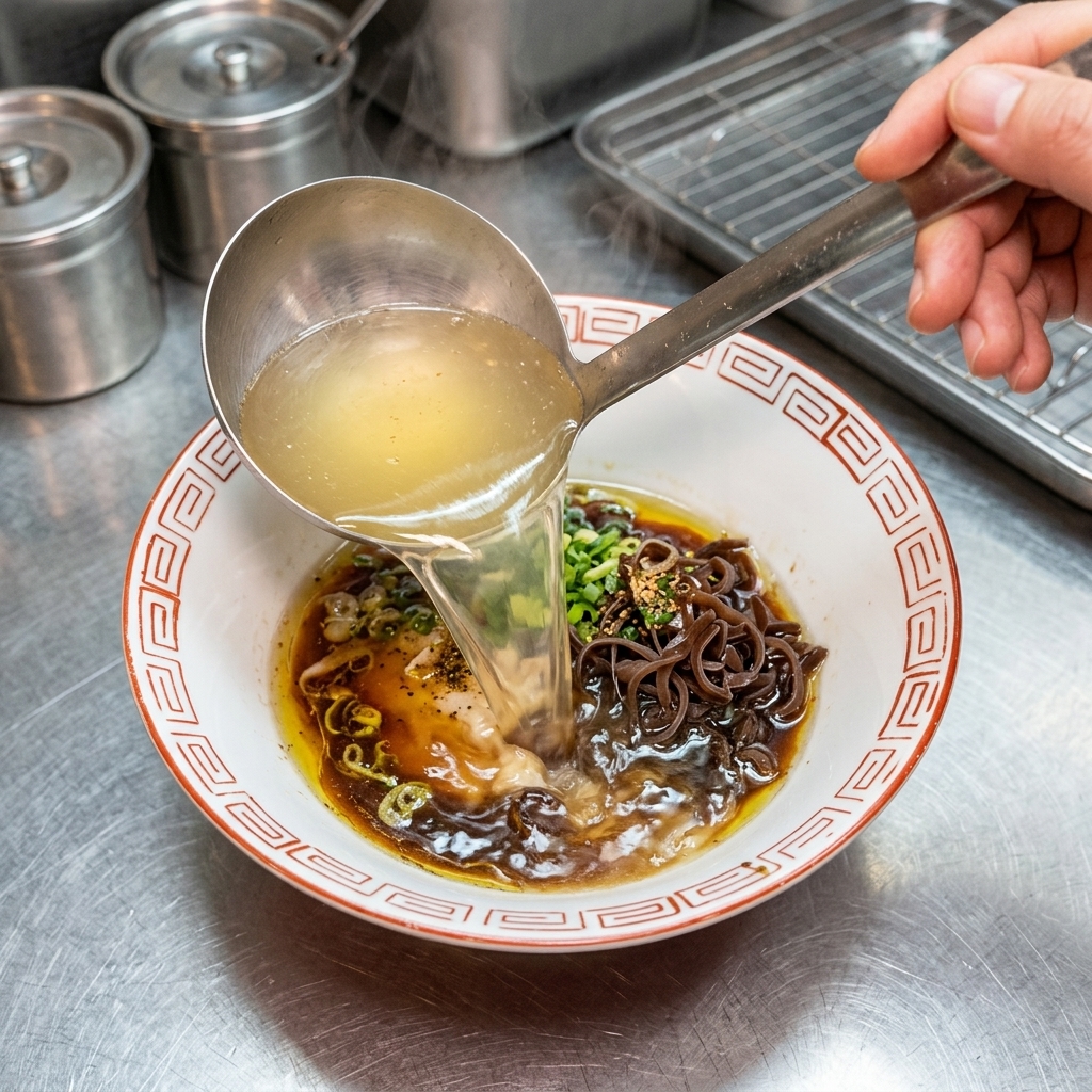 Steaming hot, clear chicken broth being poured from a metal ladle into a prepared ramen bowl.
