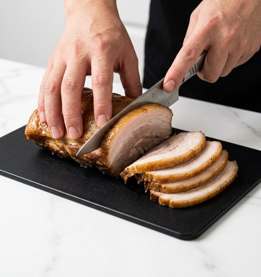 Close-up of hands using a sharp knife to slice a cooked block of pork belly into thick pieces on a black rectangular cutting board.