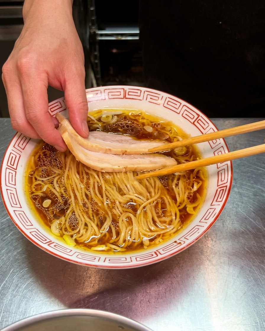 Hand using chopsticks to place two slices of tender pork chashu onto the surface of the ramen.