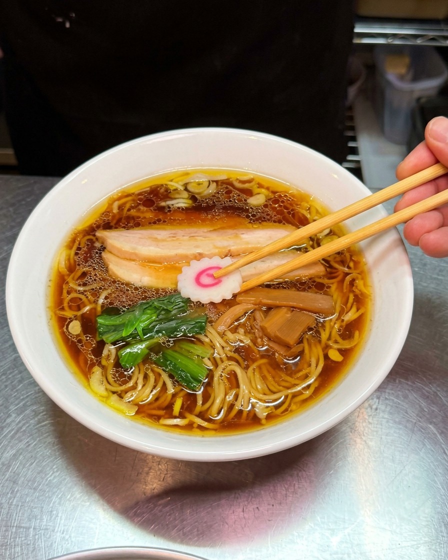 Chopsticks carefully placing a slice of pink and white swirled narutomaki fish cake onto a bowl of assembled shoyu ramen.