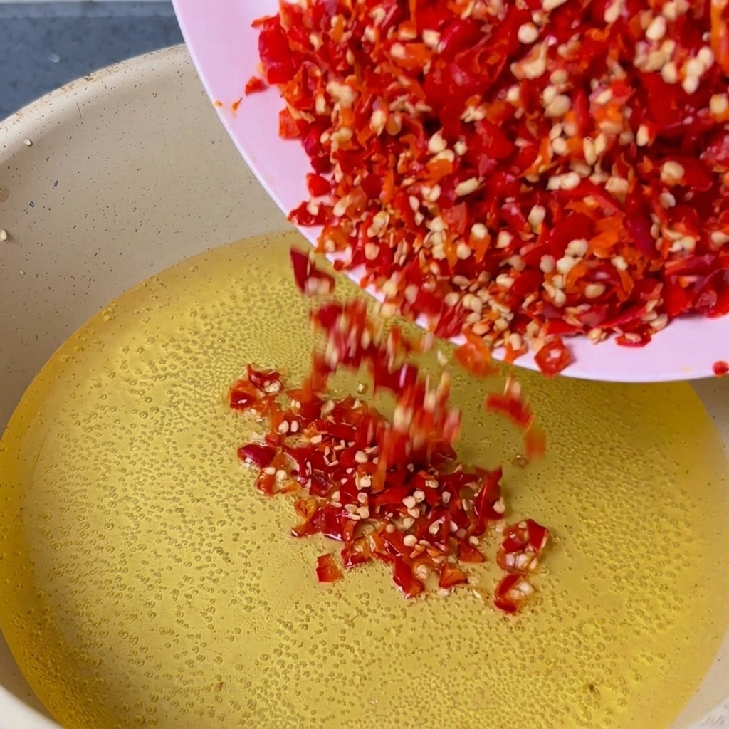 Finely chopped red chilies being poured from a pink plate into a pan of hot, bubbling oil.