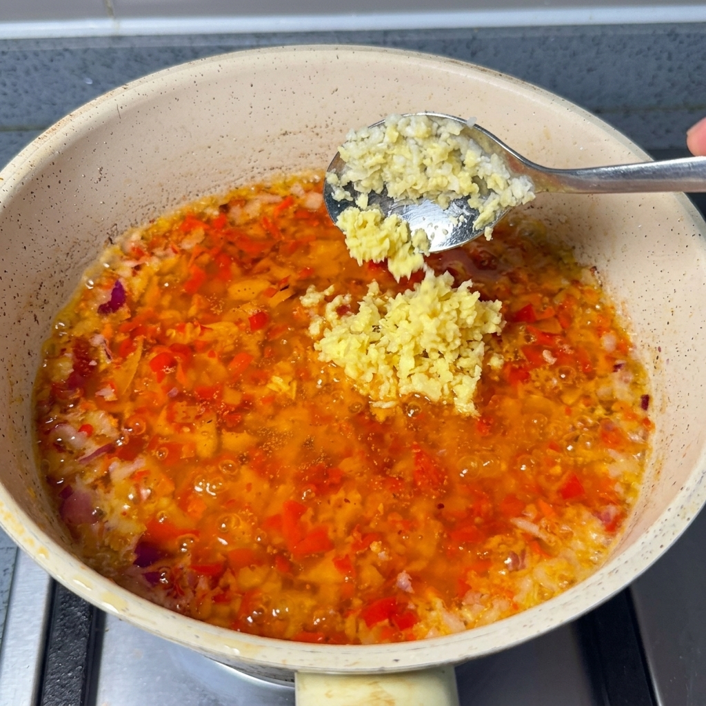 A spoonful of minced ginger being added to a simmering pan of bright red chili and onion oil.