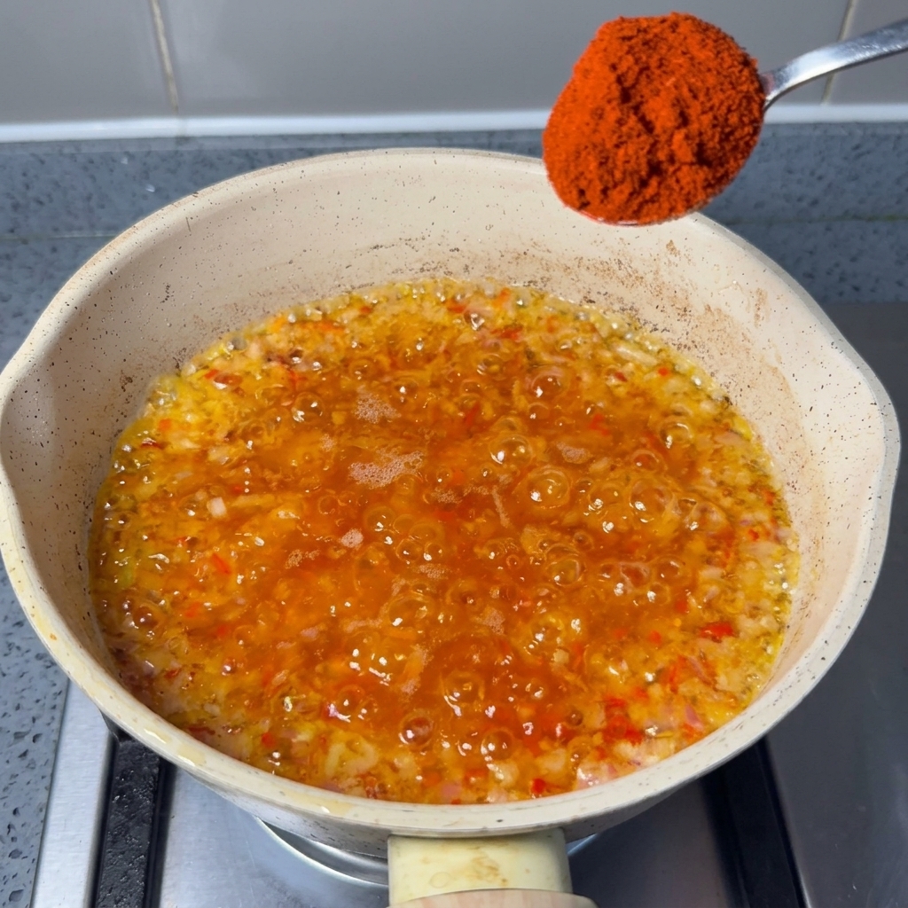 A metal spoon holding bright red fine chili powder over a bubbling pan of oily chili and onion mixture.