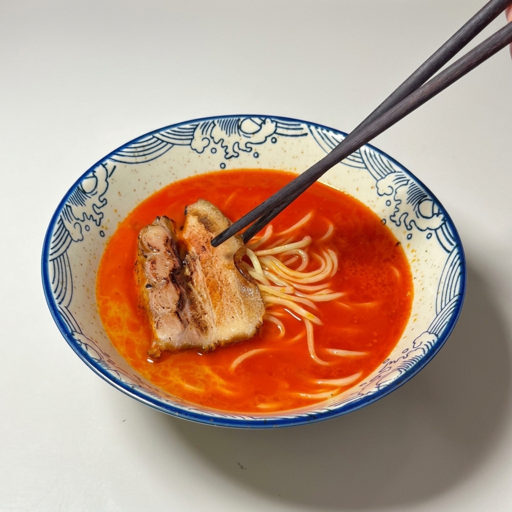 A slice of seared chashu pork being placed on top of ramen noodles in a spicy red broth.