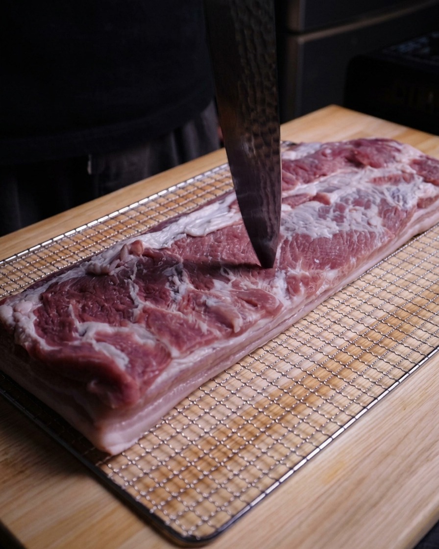 The tip of a chefs knife repeatedly piercing the surface of a raw pork belly resting on a wire rack.