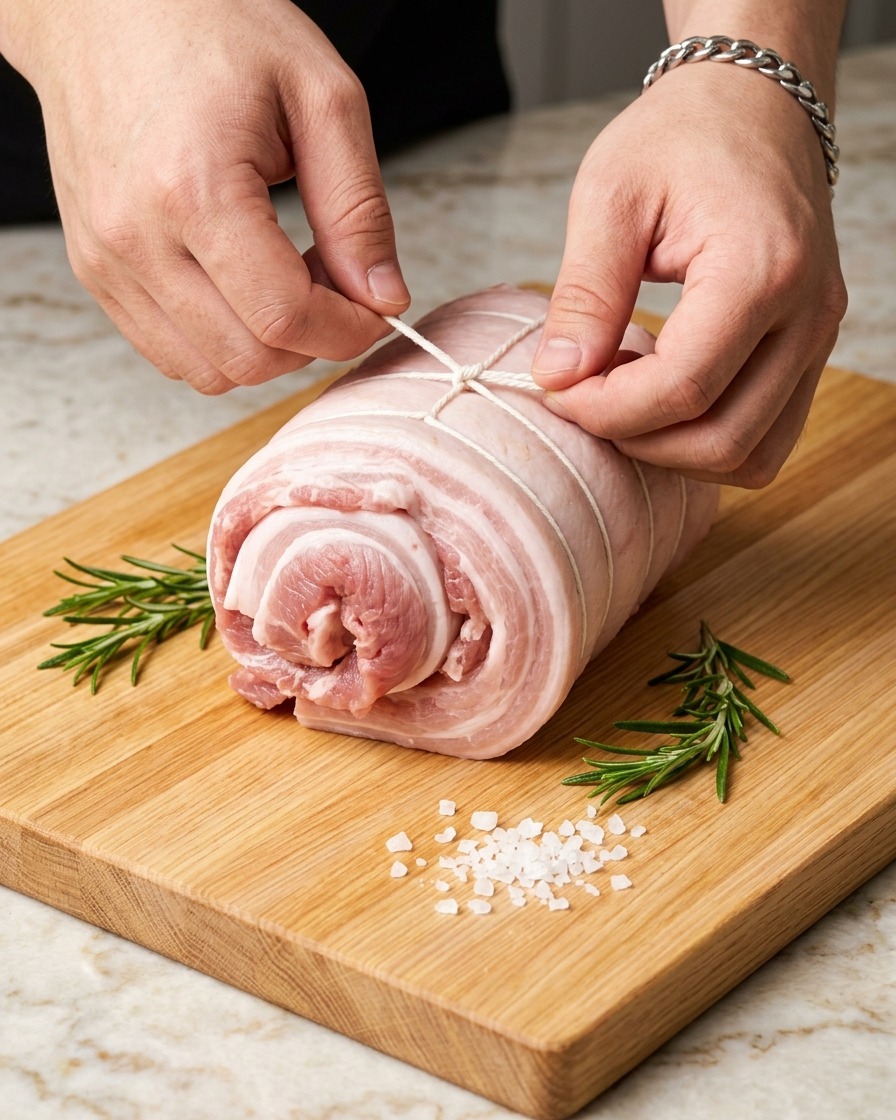 Hands tying knots with white butchers twine around a tightly rolled raw pork belly to secure its shape.