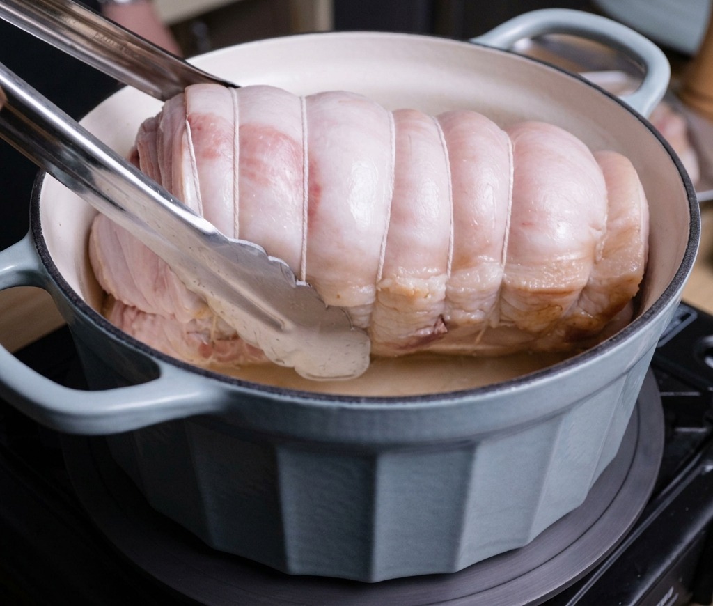 Tongs lowering a tied, raw pork belly roll into a light blue enameled cast iron pot for searing.