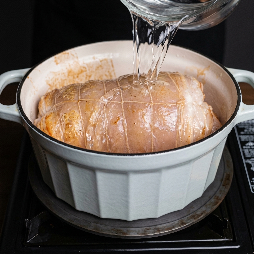 Clear water being poured from a glass pitcher into a cast iron pot containing a lightly browned, tied pork belly roll.