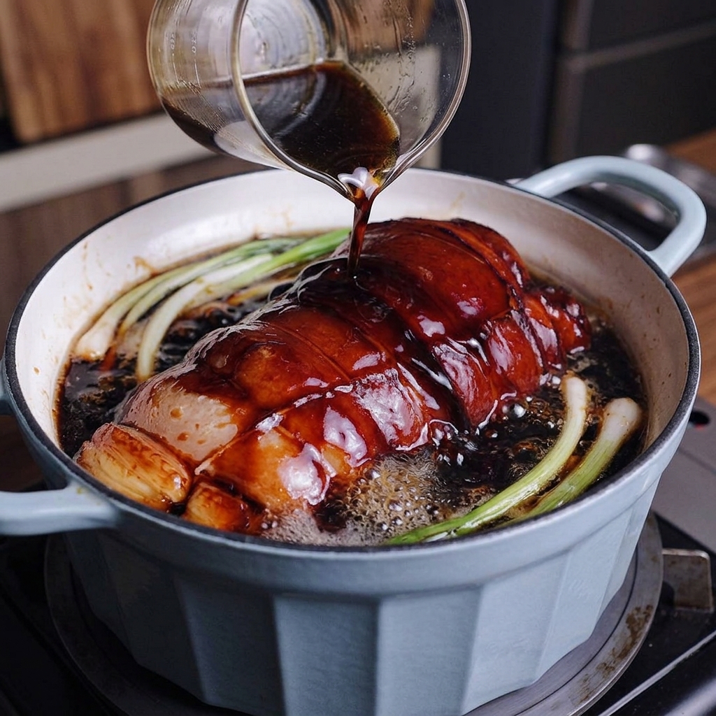 Pouring dark soy sauce into a cast iron pot containing a seared pork belly roll and green onions.