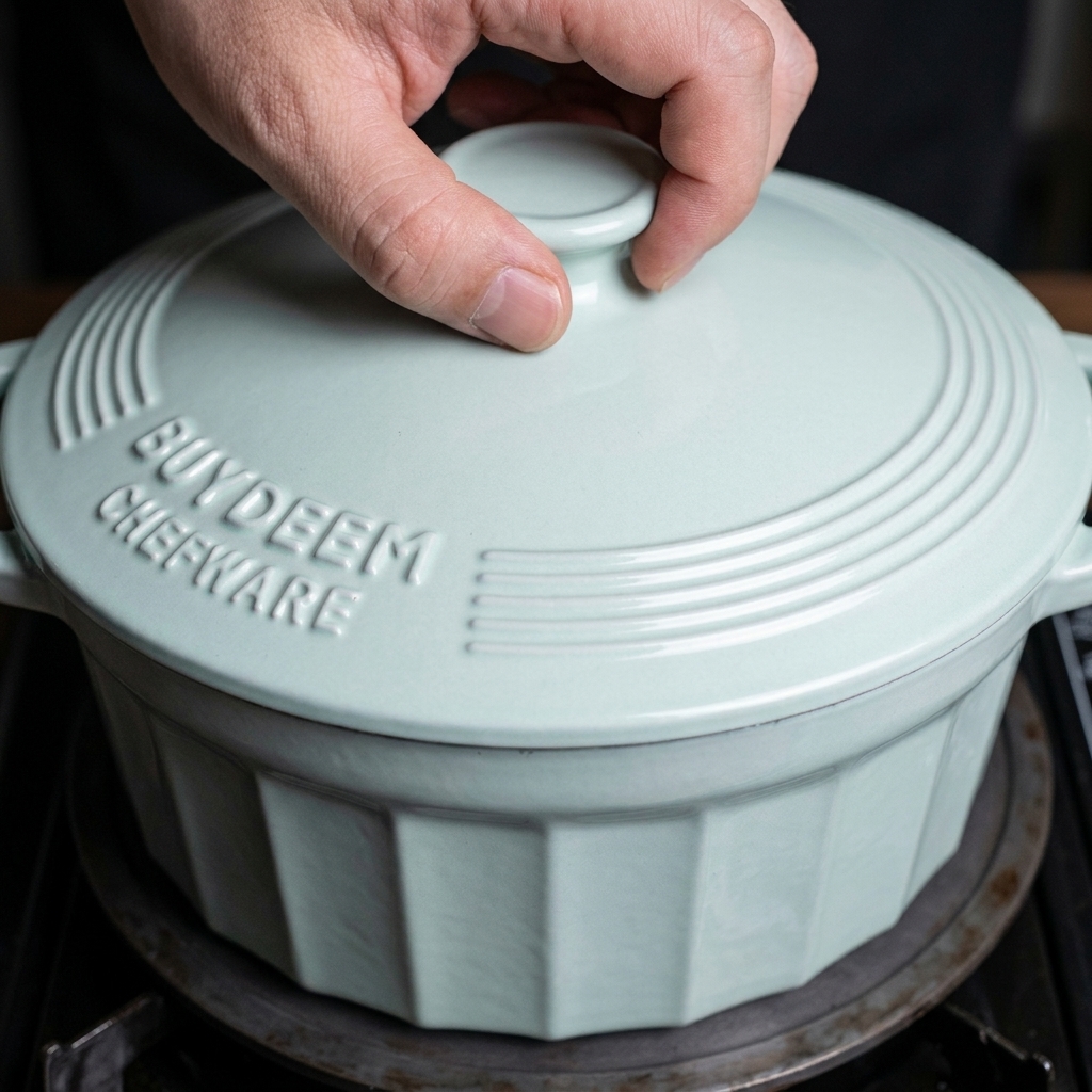 A hand placing a light blue lid onto an enameled cast iron pot to simmer the pork over the stove.