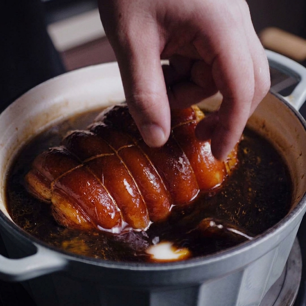A hand adjusting a braised pork roll inside a pot of dark liquid with a peeled soft-boiled egg visible.