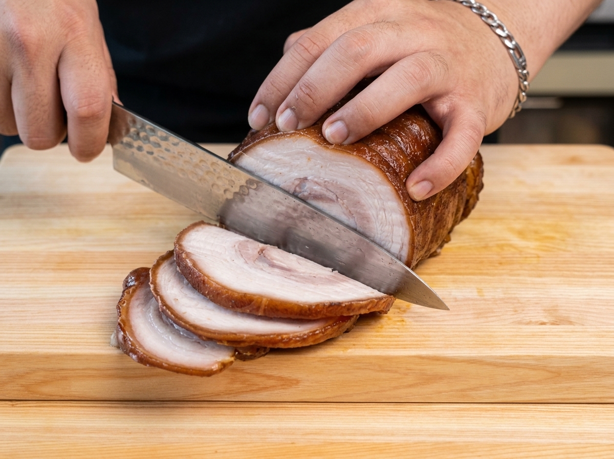 Tongs flipping round caramelized pork slices inside a hot dark skillet.