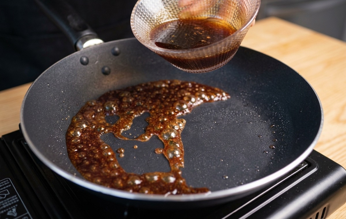 Pouring dark, seasoned braising liquid from a small bowl into a hot frying pan where it is actively bubbling and reducing.