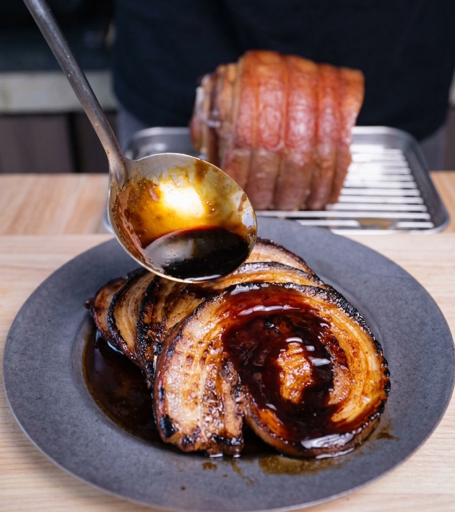 A metal ladle spooning a thick, glossy dark sauce over overlapping slices of charred chashu pork on a dark gray plate.