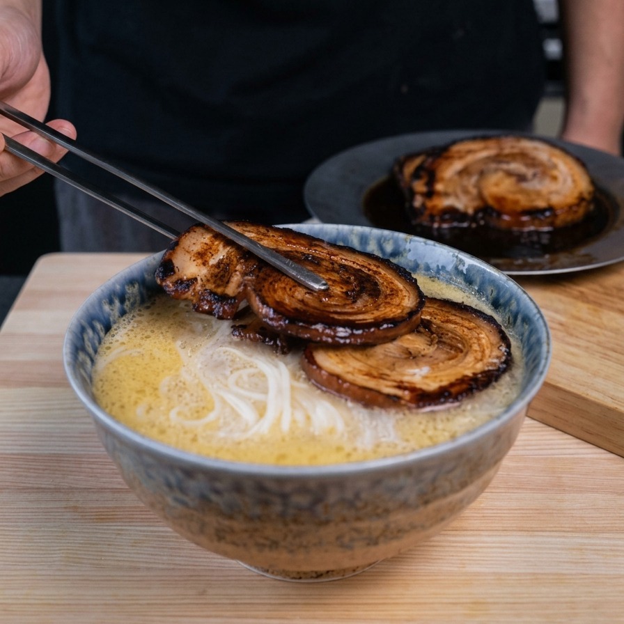 Tongs carefully placing caramelized, rolled chashu pork slices onto a steaming bowl of ramen noodles and creamy broth.