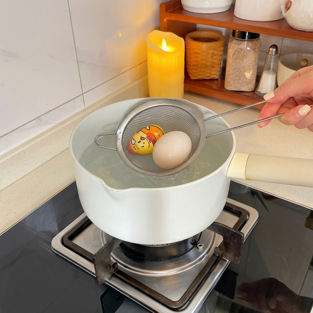A hand using a small metal strainer to gently lower eggs into a white pot of boiling water.