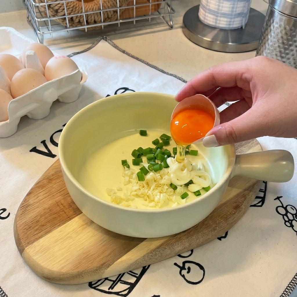 A hand holding a cracked eggshell, dropping a bright orange raw egg yolk into a bowl with aromatics and mayonnaise.