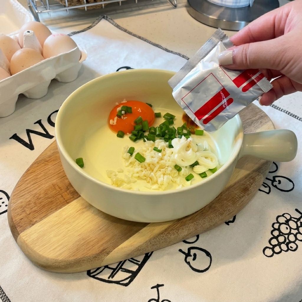 Pouring instant ramen seasoning powder from a foil packet into a bowl containing an egg yolk, mayonnaise, and chopped aromatics.