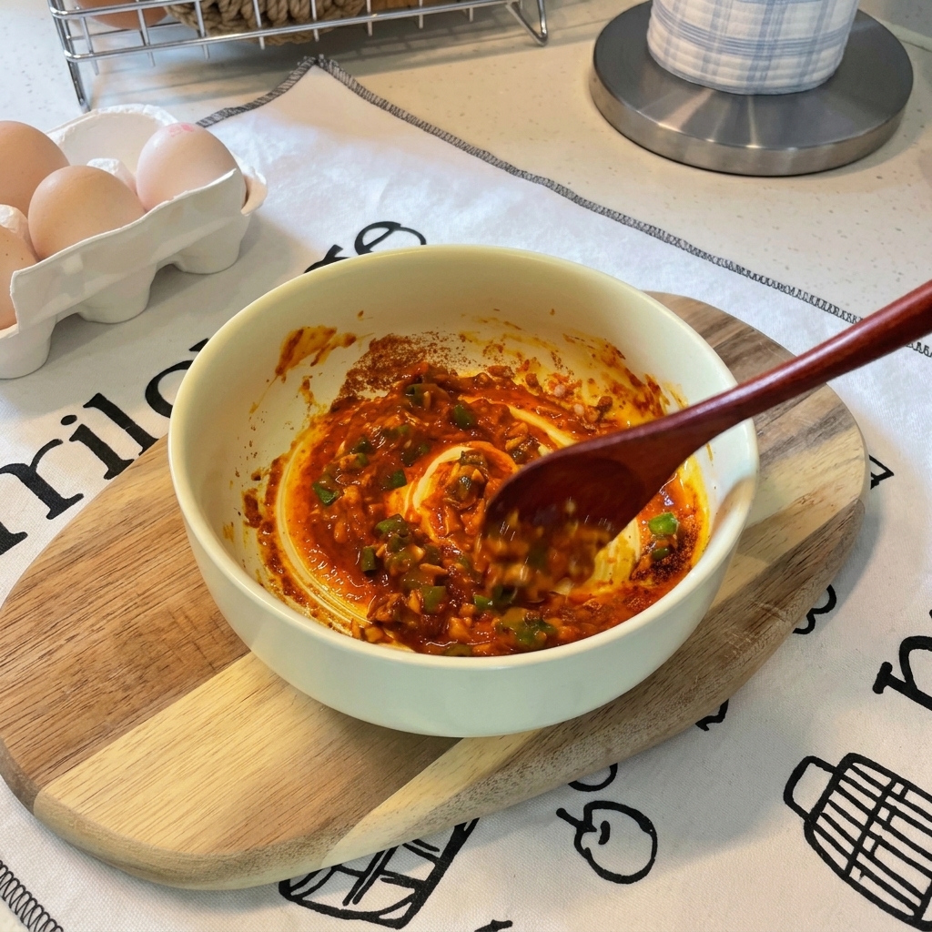 A wooden spoon stirring a thick, dark reddish paste made of mayonnaise, egg yolk, and instant noodle seasoning in a light green bowl.