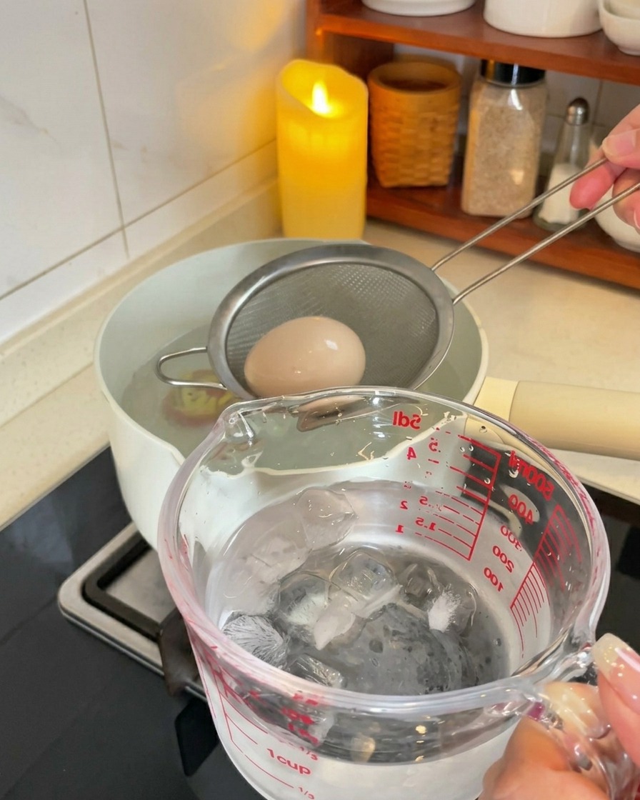 A metal strainer lifting a boiled egg out of hot water, transferring it into a glass measuring cup filled with ice cubes and cold water.