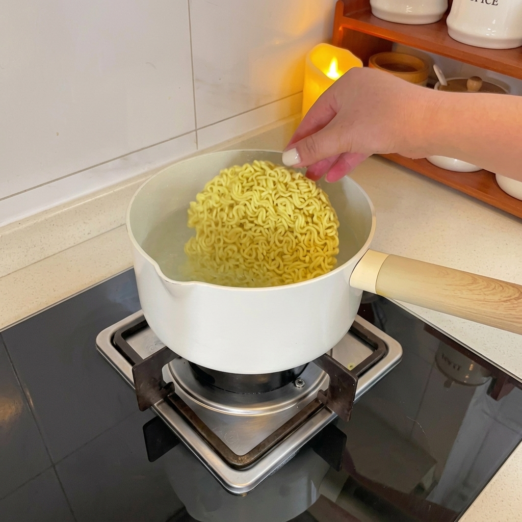 A hand placing a square block of dry instant ramen noodles into a white pot of boiling water.