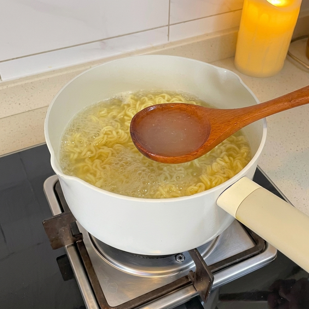 A wooden spoon scooping hot, cloudy water from a pot of boiling ramen noodles.