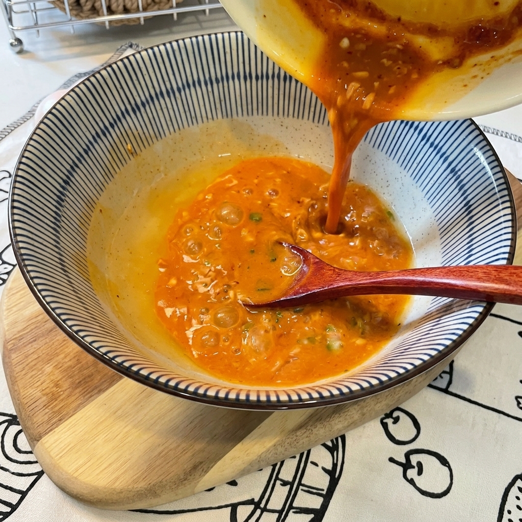 Pouring hot, reddish broth into a patterned bowl and stirring with a wooden spoon.
