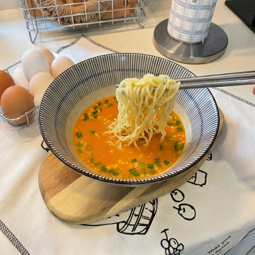 Silver chopsticks lifting wavy cooked ramen noodles and placing them into a bowl of creamy, orange-colored broth.