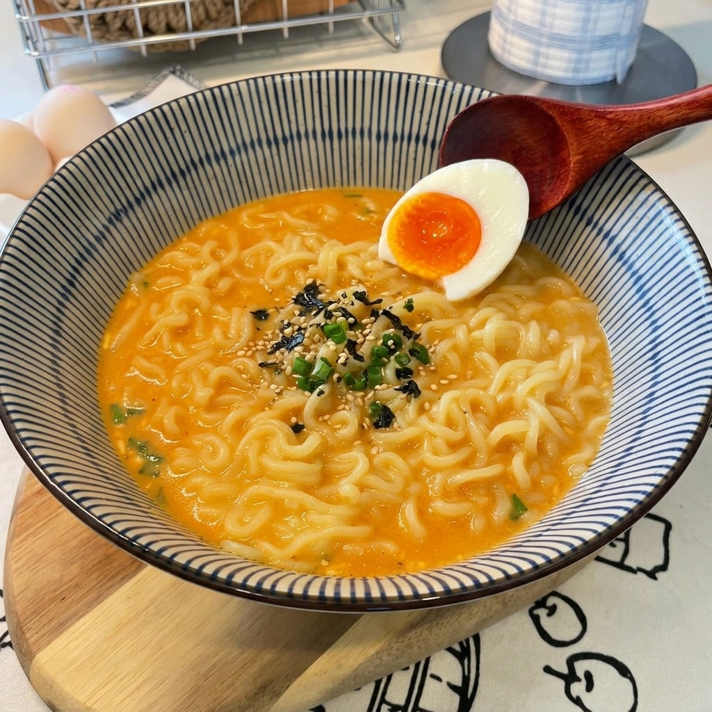 A patterned bowl of creamy ramen topped with half of a soft boiled egg showing a bright orange yolk.