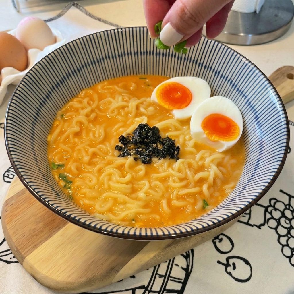 A hand sprinkling chopped green onions over a bowl of ramen already topped with soft boiled eggs sesame seeds and seaweed flakes.