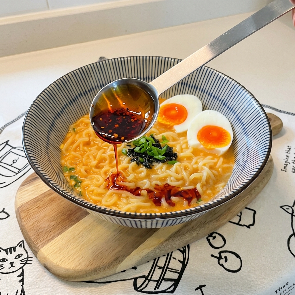 A metal spoon drizzling bright red chili oil over a bowl of creamy ramen noodles garnished with soft-boiled egg halves, chopped scallions, and seaweed flakes.