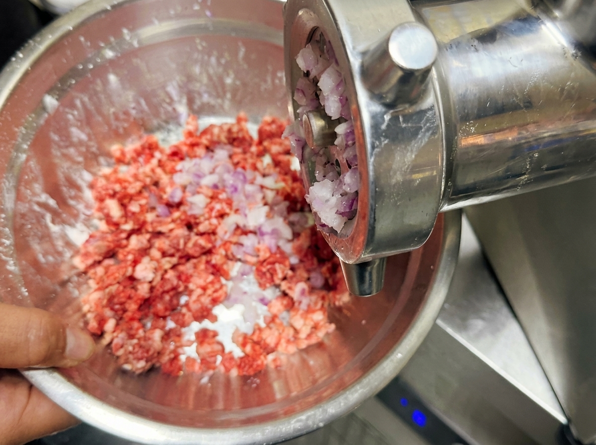 Freshly minced red onions coming out of a metal grinder attachment into a bowl of raw meat.