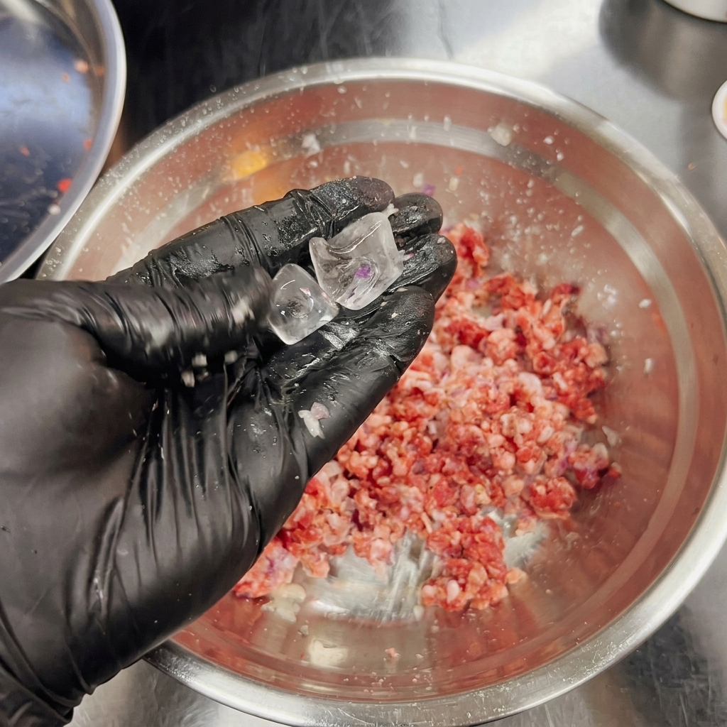 Two clear ice cubes held in a black-gloved hand above a bowl of prepared burger meat.