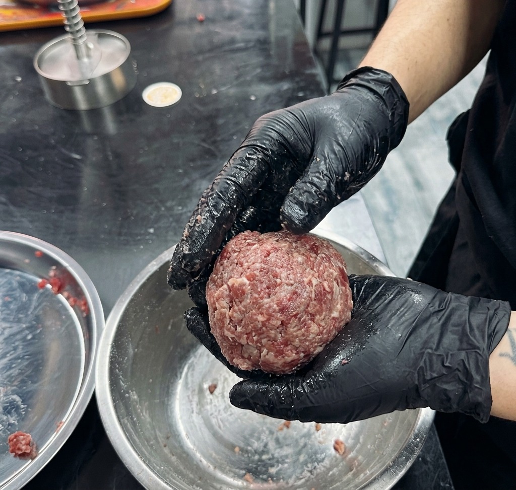 A ball of ground beef mixture being tossed between two hands wearing black nitrile gloves.