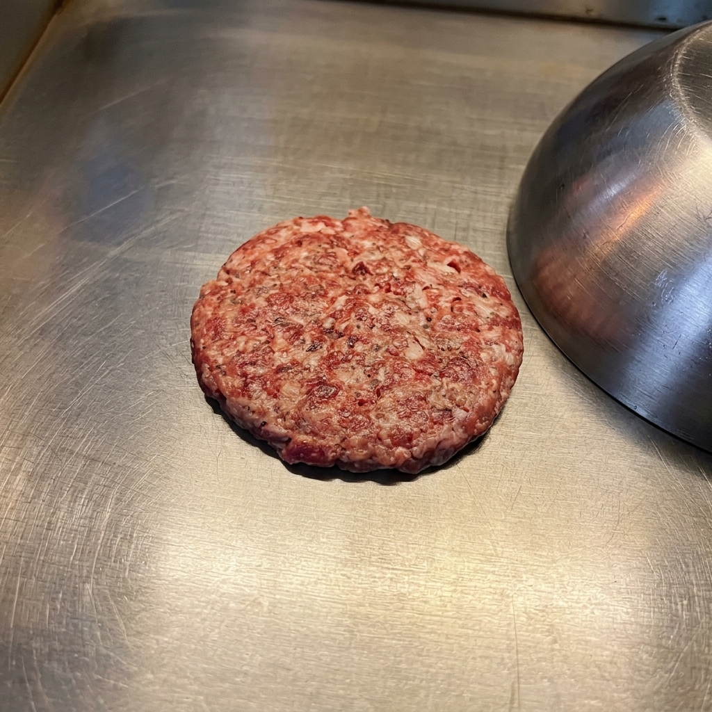 A raw beef patty searing on a hot griddle with a metal dome lid resting next to it.