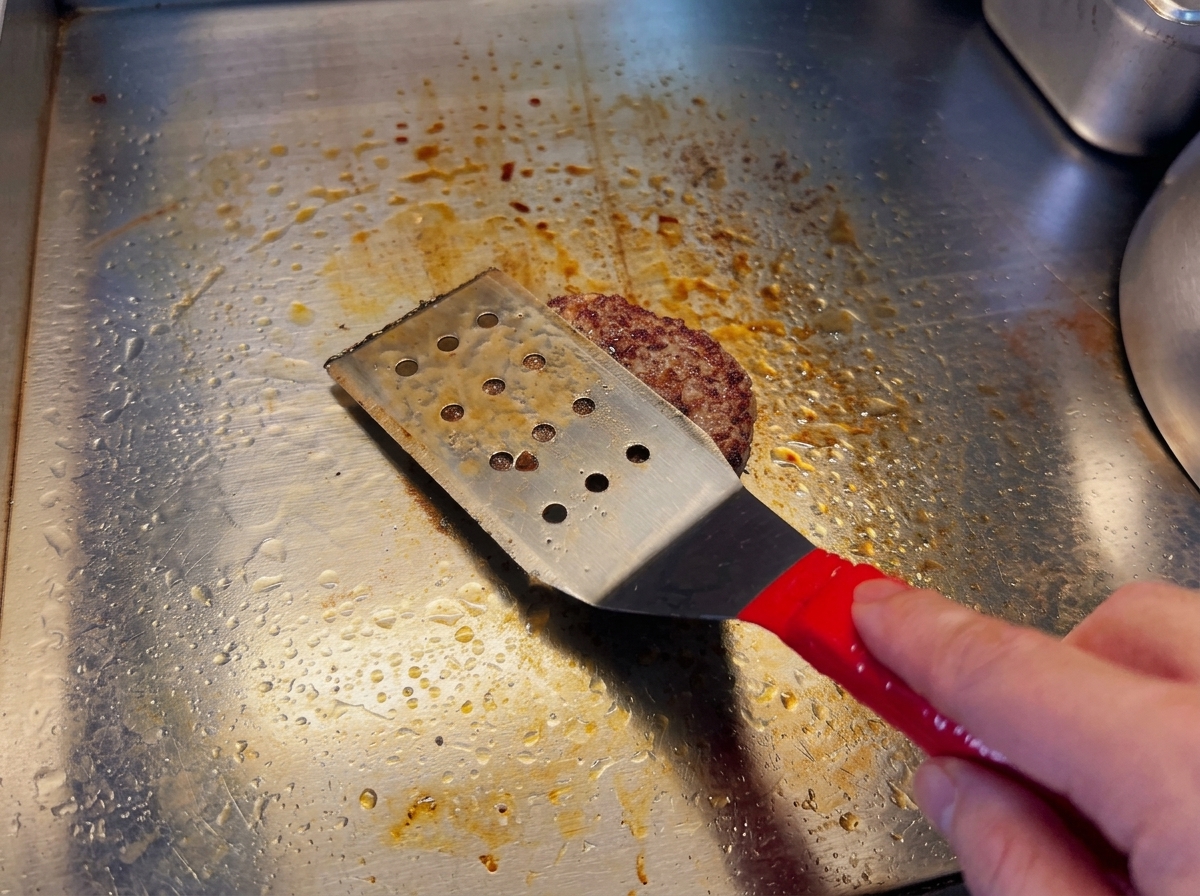 A hand holding a spatula, gently pressing down on a seared beef patty sizzling on a hot griddle.