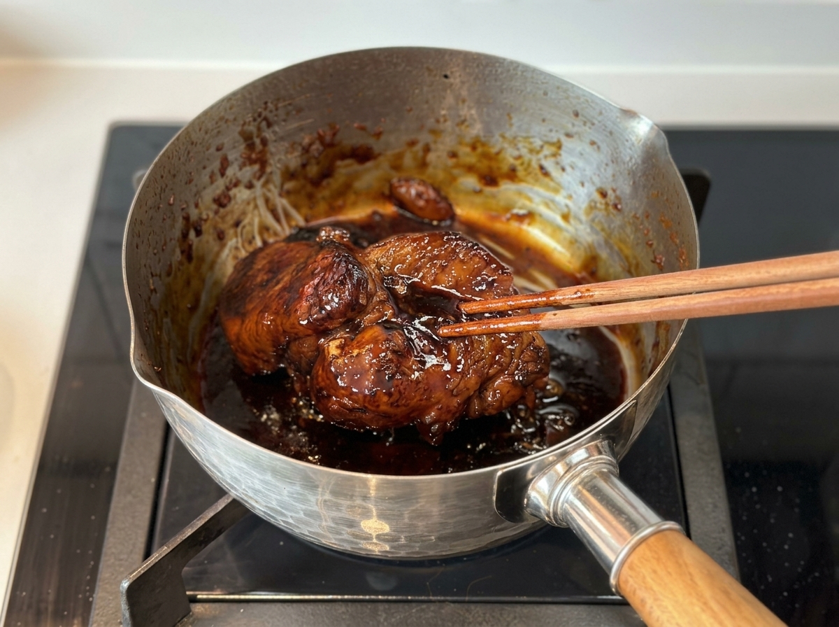 A dark, perfectly caramelized piece of char siu pork being lifted from a sticky, reduced sauce with wooden chopsticks.