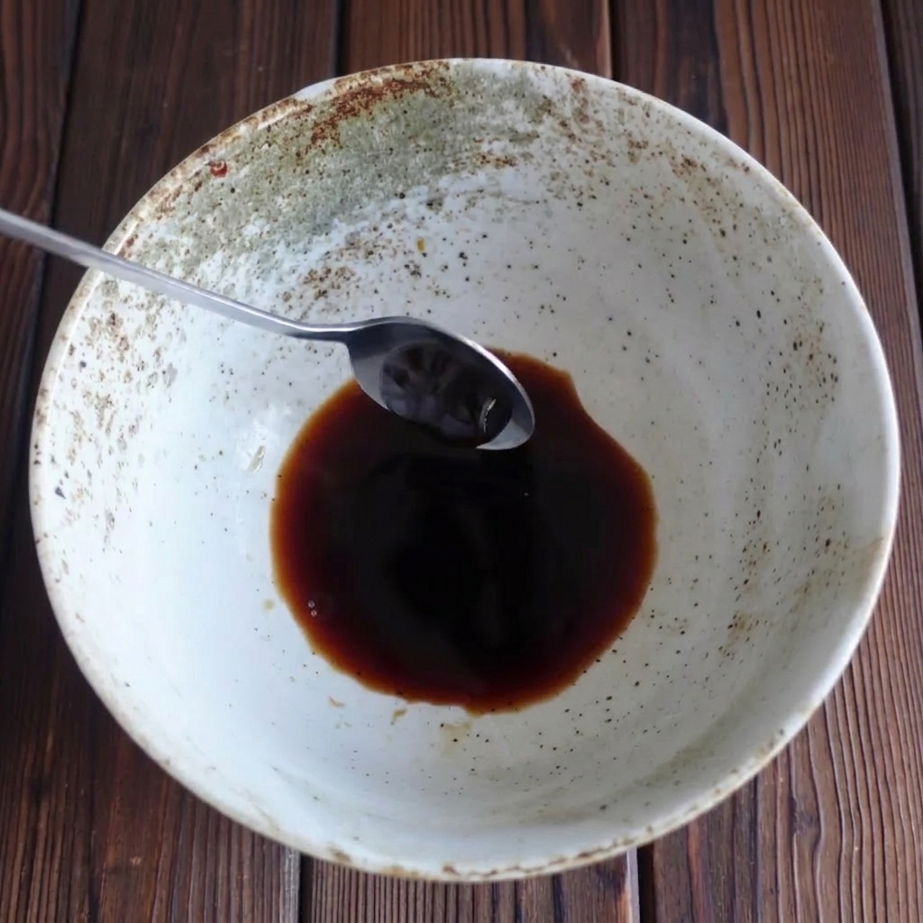 A metal spoon adding a thick dollop of dark oyster sauce into a speckled ceramic bowl containing a small amount of soy sauce.