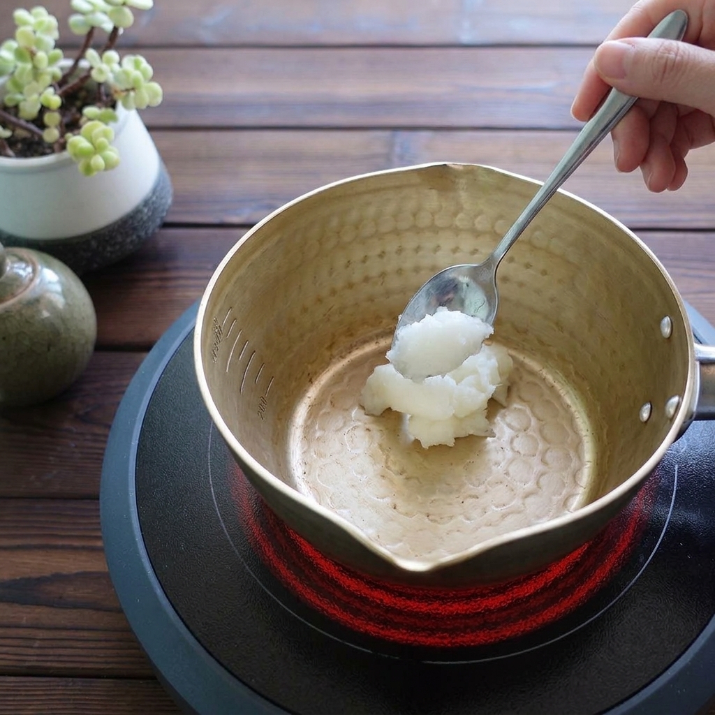 A spoon placing a scoop of solid white pork lard into a hammered metal pot resting on a hot stovetop.