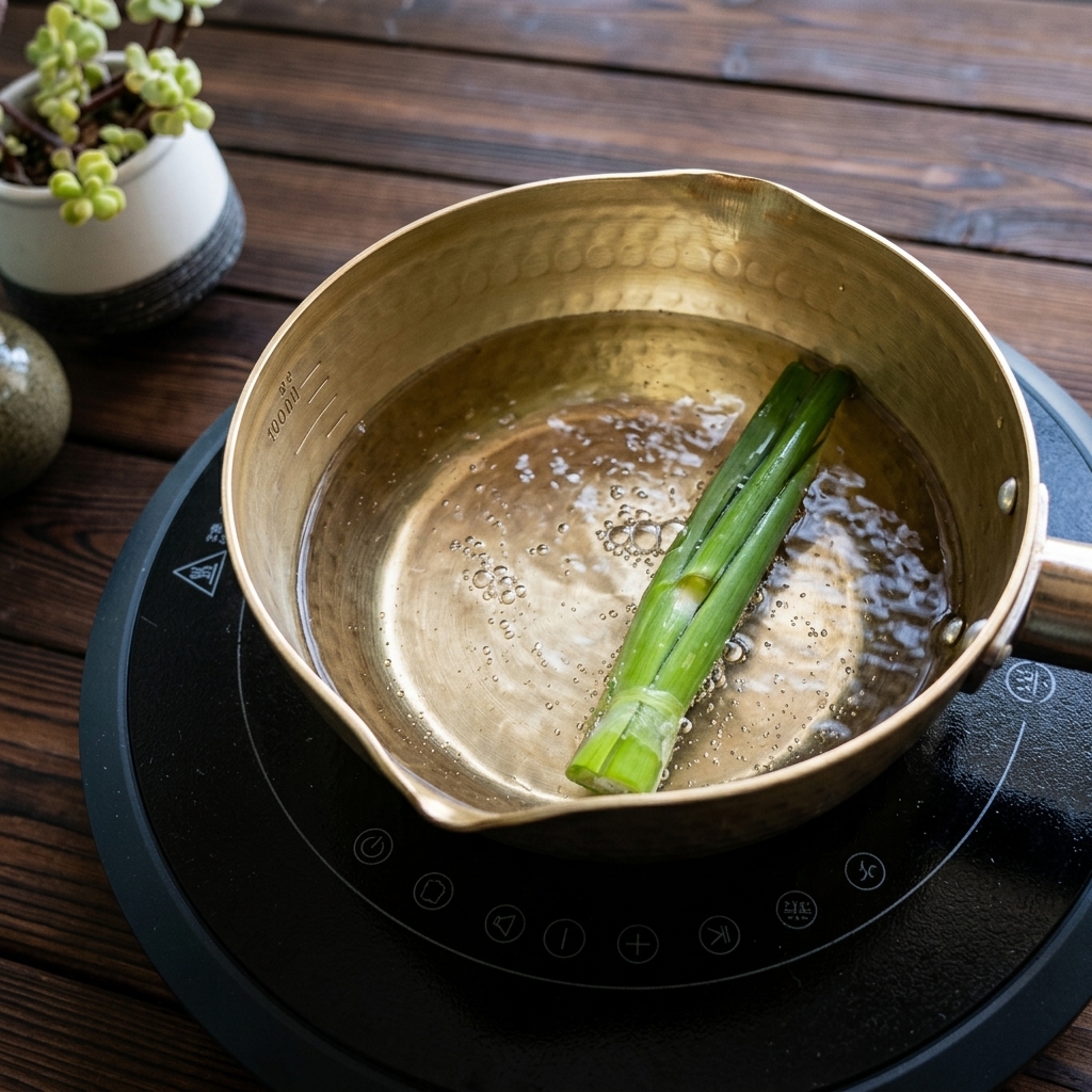 Green scallion stalks resting in a brass pot filled with water.