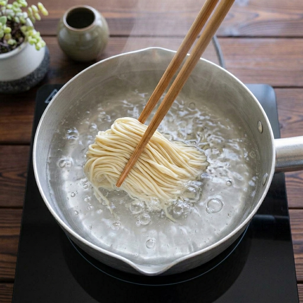Wooden chopsticks submerging a bundle of fresh raw ramen noodles into a pot of vigorously boiling water.