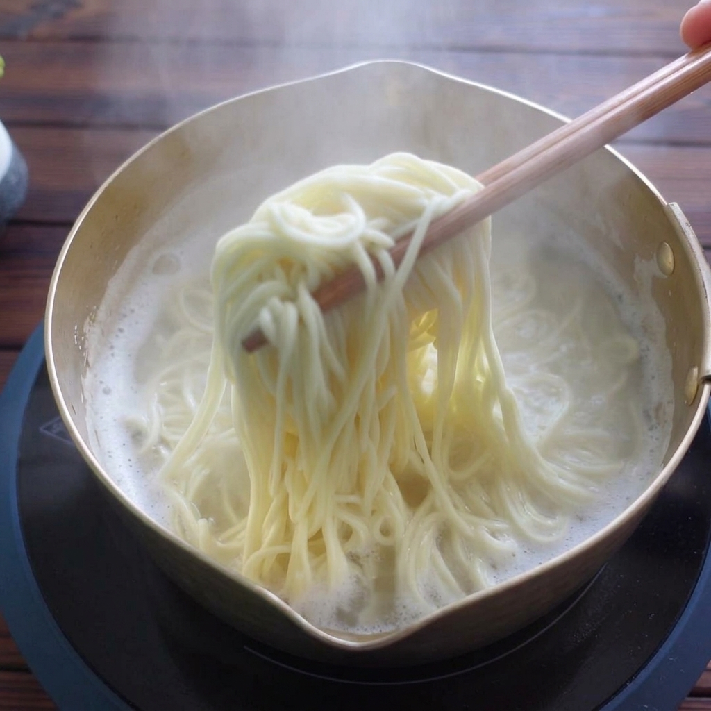 A clump of ramen noodles being lifted from a pot of bubbling hot water with wooden chopsticks.