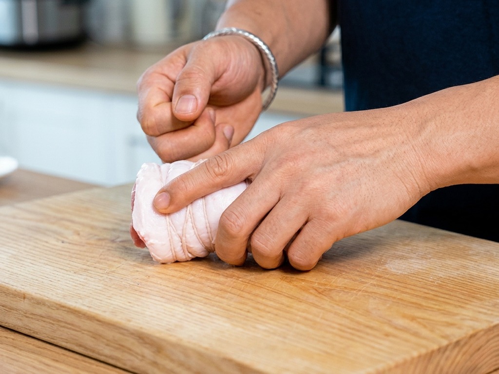 A persons hands tightly tying a raw, rolled piece of pork belly with butchers twine on a wooden cutting board.