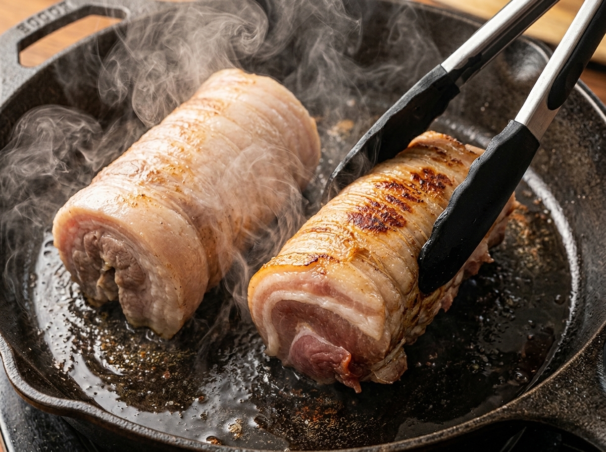Two tied pork belly rolls searing in a hot cast iron skillet with steam rising, being turned by a pair of tongs.