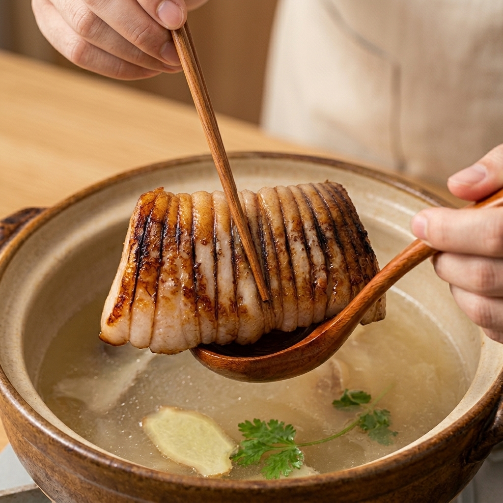 Lifting a boiled pork belly roll out of a light, pale broth using a wooden spoon and chopsticks.