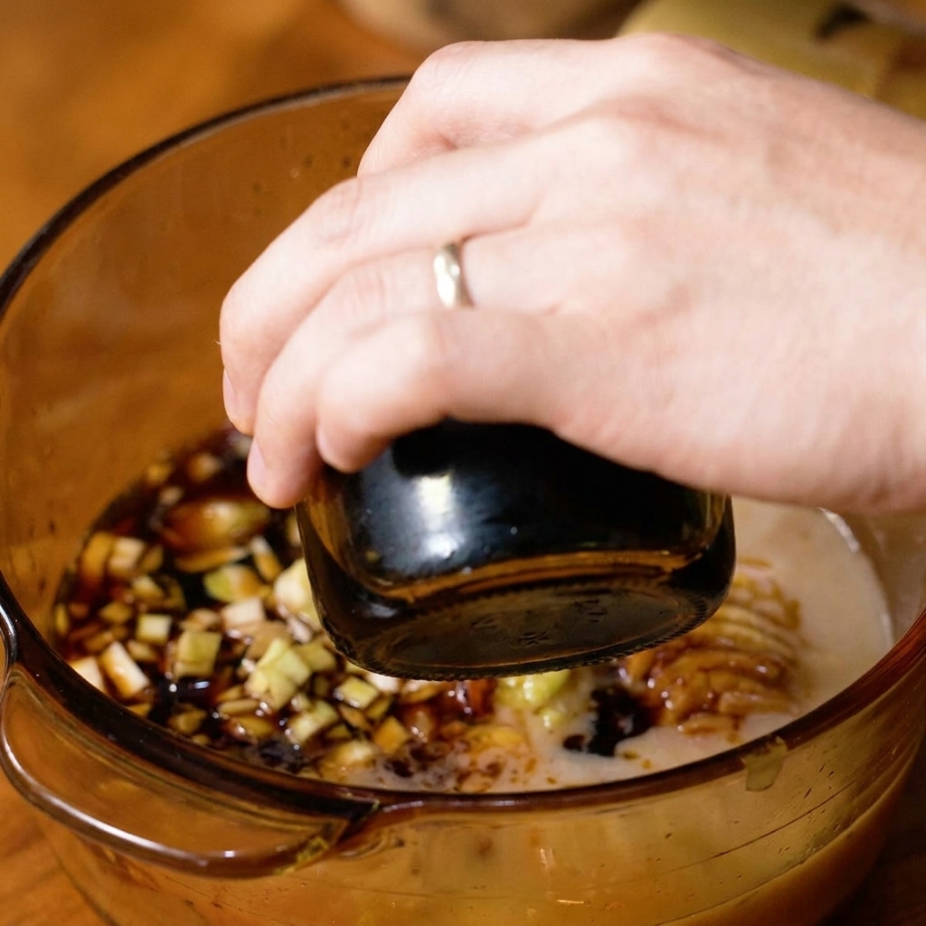 A hand pouring dark soy sauce from a glass bottle over seared pork belly and chopped aromatics in a glass pot.