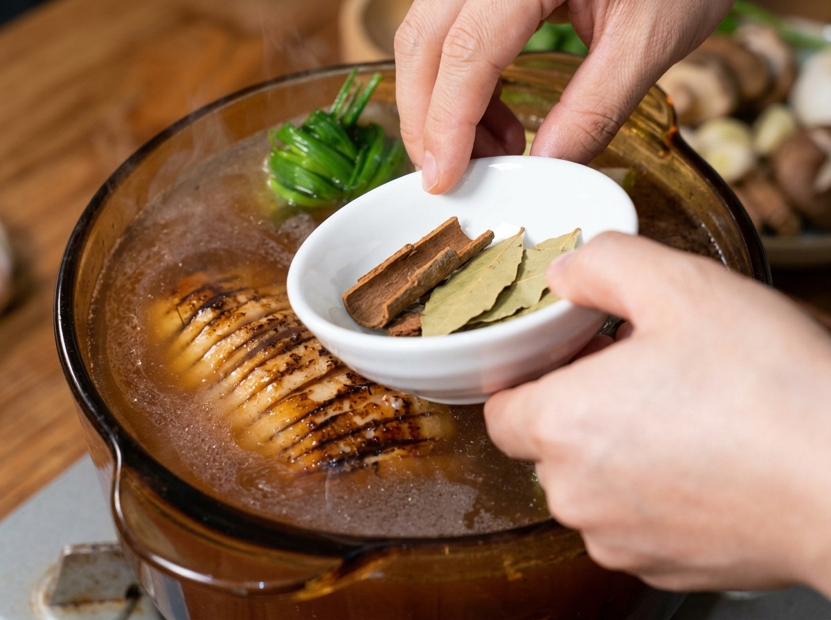 Hands adding a small white bowl of cinnamon sticks and bay leaves into an amber pot with a simmering pork belly and green scallions.