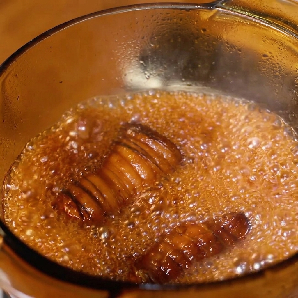 A tied pork belly roll simmering vigorously in a dark, bubbling, glossy sauce in a glass pot.